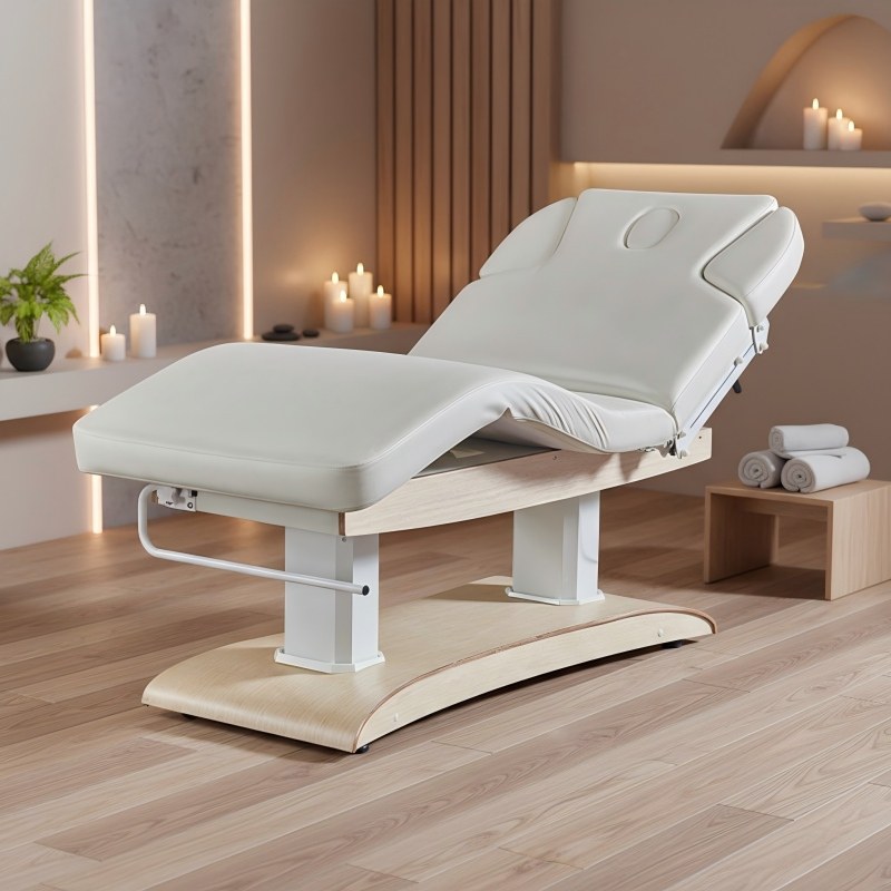 Health Within Wellness Center - Op maat gemaakte massagetafel met houtnerfstructuur,